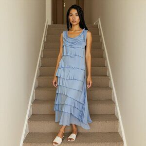 Scandal Sky Blue Silk Ruffles Maxi Dress